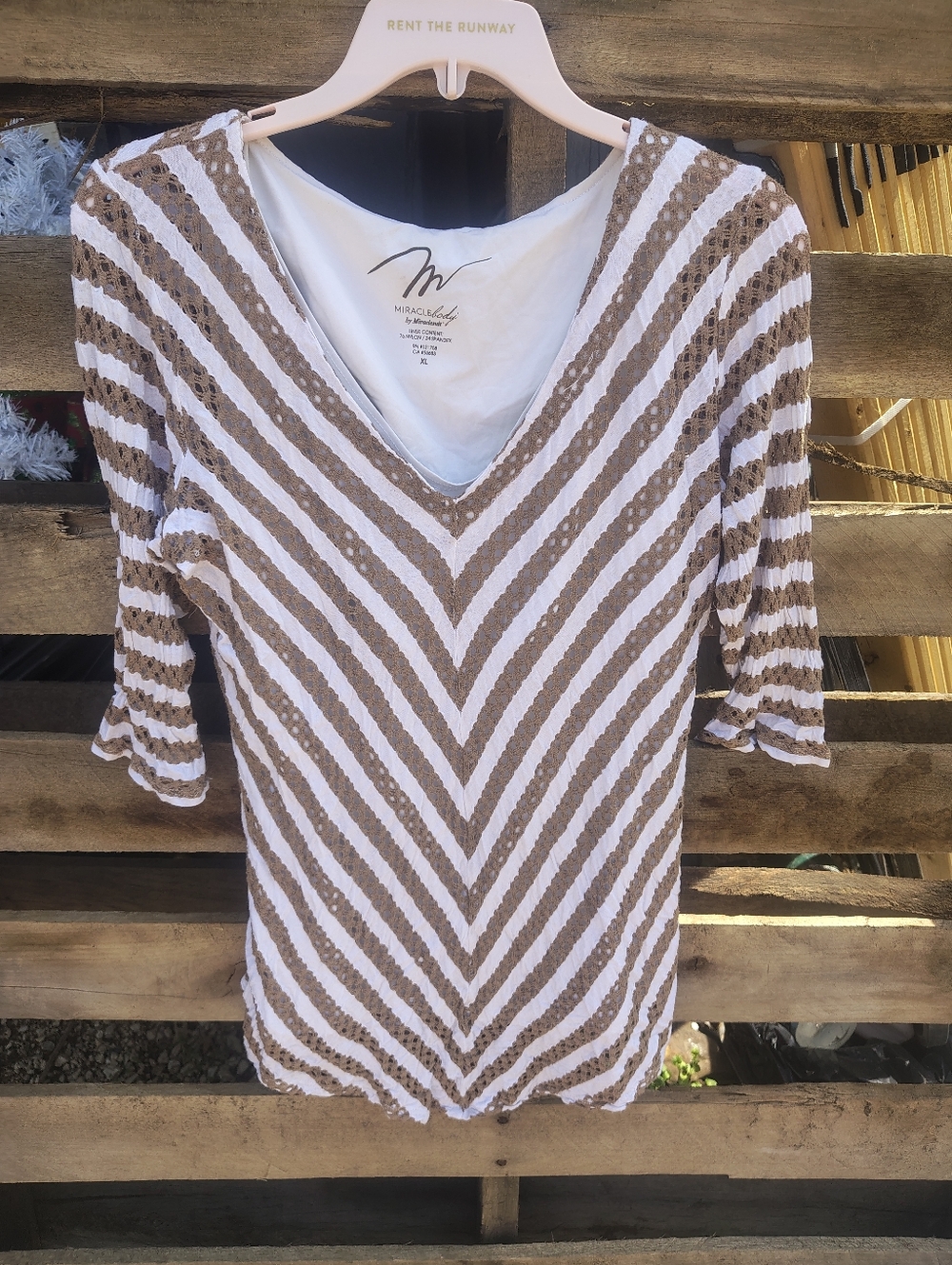 Miraclebody V-Neck Sequin Stripe Blouse in White and Tan
